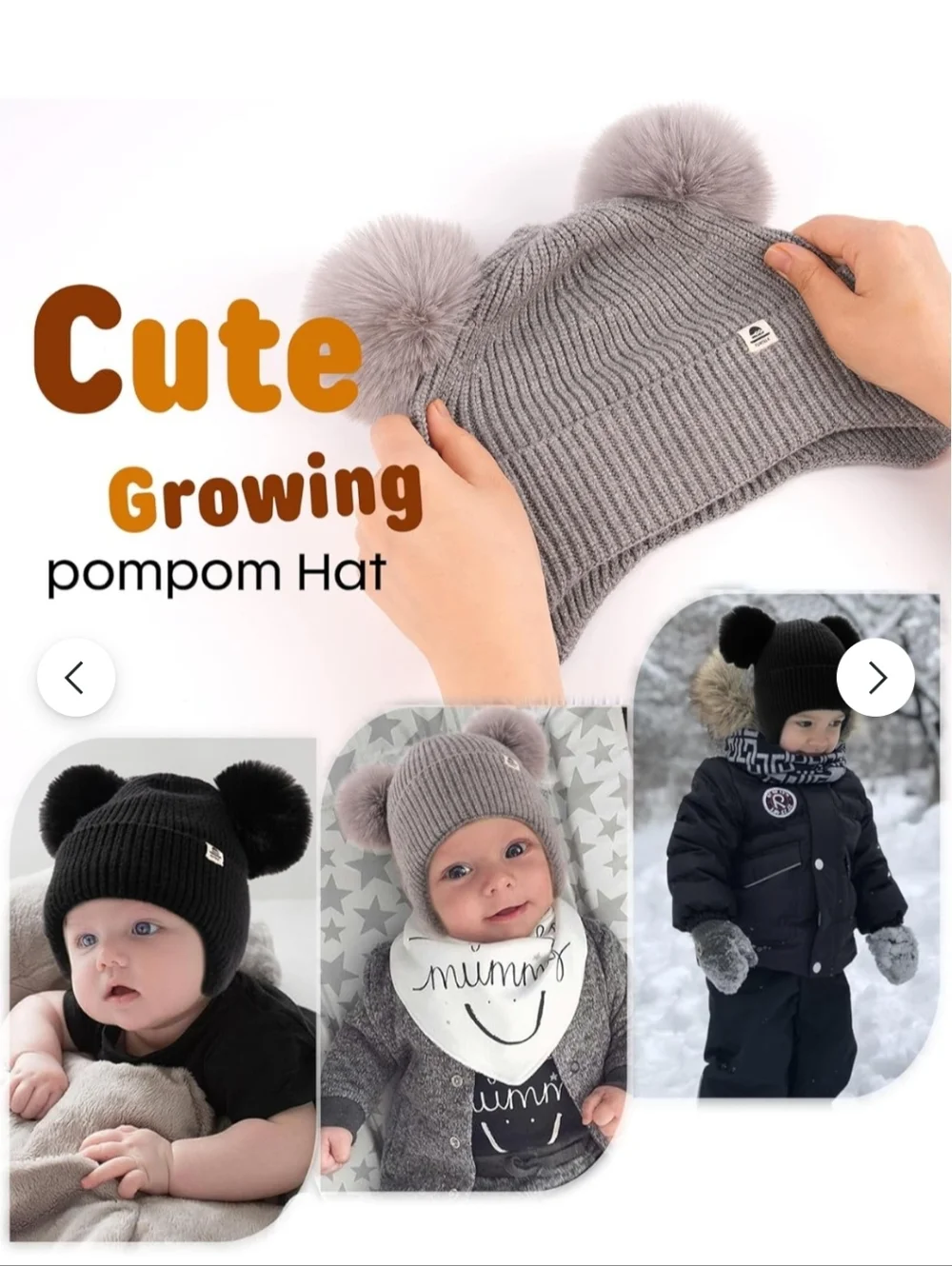 Furtalk Gray & Black Ribbed Knit Beanies With Pom Poms.grows With Your Child